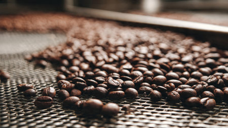 Coffee beans on a conveyor belt. Selective focus.の写真素材
