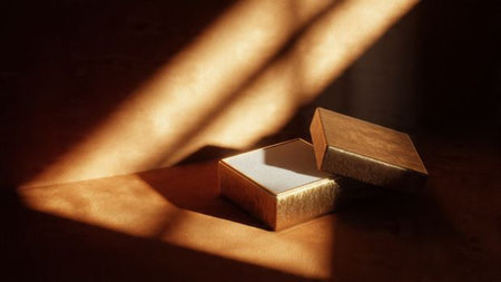 Two golden gift boxes on a dark background with sunlight and shadows.の写真素材