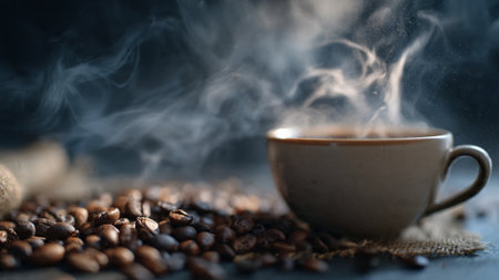 Coffee cup and coffee beans on wooden table. Black background.の写真素材
