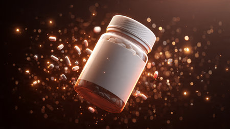 Pills spilling out of pill bottle on black background. 3D renderingの写真素材