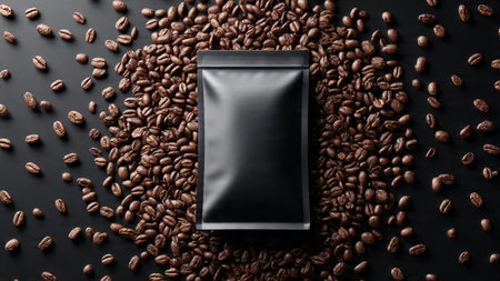 Coffee beans and a package of coffee on a black backgroundの写真素材