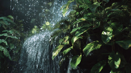 Waterfall in tropical rainforest. Nature background. Selective focus.の写真素材