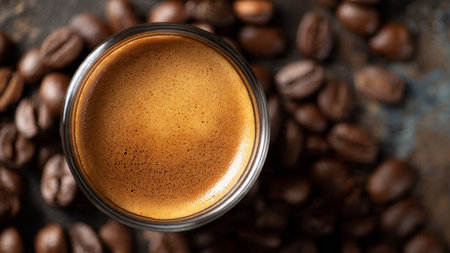 Coffee cup and coffee beans on dark background, top viewの写真素材