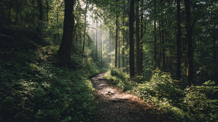 Path in the green forest. Beautiful summer landscape. Vintage style.の写真素材