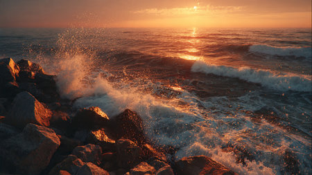 Sunset over the sea with waves crashing on the rocks and stonesの写真素材