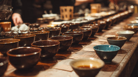 Traditional Chinese tea ceremony. Ceramic bowls and cups for tea ceremony.の写真素材