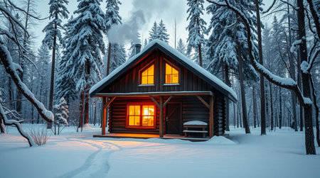 Wooden house in the winter forest. Winter landscape with wooden house.の写真素材