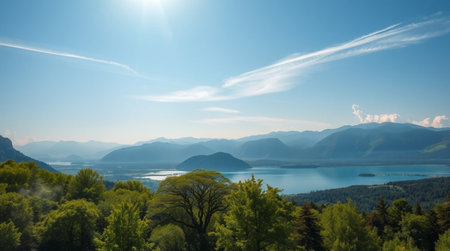 Panoramic view of lake and mountains in Bavaria, Germanyの写真素材