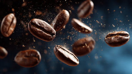 Flying coffee beans on a dark background. Coffee beans flying in the air.の写真素材