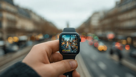Man using smartwatch on the street in Paris, Franceの写真素材