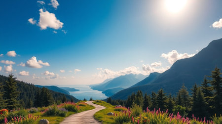 Beautiful alpine landscape with lake and mountains in the background.の写真素材