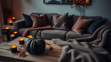 Autumn still life with pumpkins, candles and plaid.の写真素材