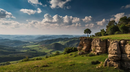Panoramic view of the beautiful mountain landscape in the morning lightの写真素材