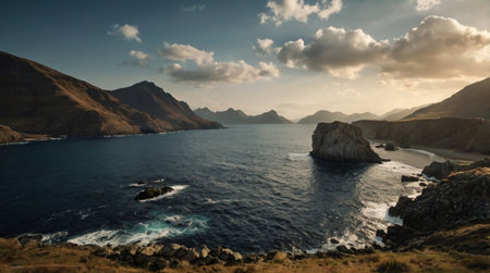 Panoramic view of the ocean and cliffs at sunset, New Zealandの写真素材