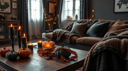 Comfortable living room interior with burning candles, pumpkins and autumn leavesの写真素材