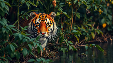 Portrait of a tiger in the jungle. Tiger in natural habitat.の写真素材