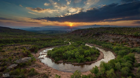Sunset over the river. Panoramic view.の写真素材