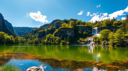 Beautiful view of alpine lake and waterfall in summerの写真素材