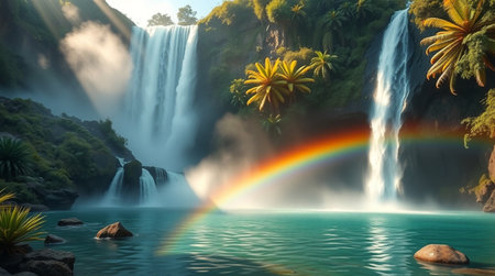 Rainbow over the waterfall in the jungle of Mauritius island.の写真素材