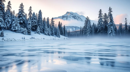 Beautiful winter landscape with frozen lake and snow covered mountains at sunsetの写真素材