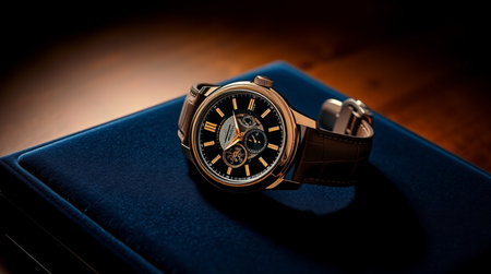 Men's luxury wristwatch on a dark background, close-upの写真素材