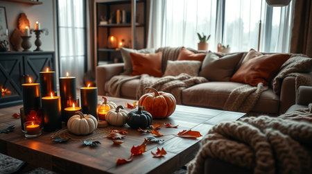 Beautiful autumn composition with candles and pumpkins on wooden table in living roomの写真素材