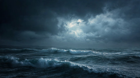 Stormy seascape with dark clouds and stormy waves backgroundの写真素材