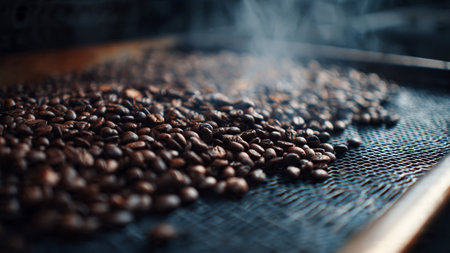 roasted coffee beans on a black background with smoke, close-upの写真素材