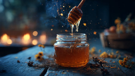 Honey dripping from a wooden honey dipper into a glass jar on a wooden backgroundの写真素材