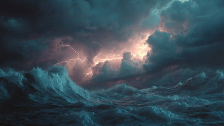 Dramatic stormy sky with lightning, 3d render illustrationの写真素材