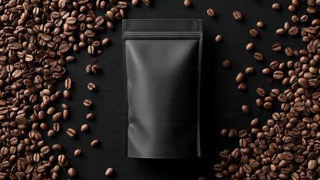 Coffee beans and a black package on a black background. 3d renderingの写真素材