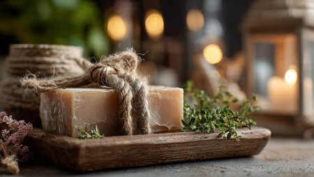 Spa still life with handmade soap, candles and herbs on tableの写真素材