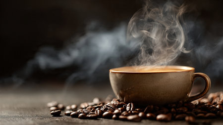 Coffee cup and coffee beans on wooden background with smoke.の写真素材