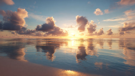Beautiful sunset on the beach with clouds reflected in the water.の写真素材