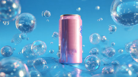 A can with a pink color is placed on a blue background with several water bubbles around it.の写真素材