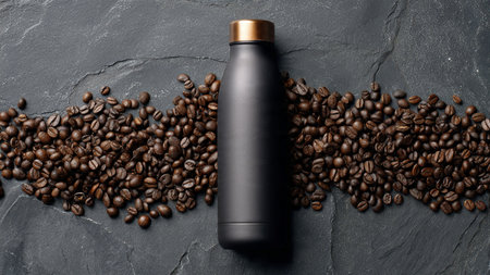 Coffee beans and a bottle on a black backgroundの写真素材