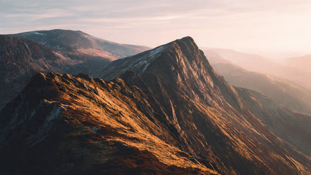 Panoramic view of the Carpathian mountains at sunset.の写真素材