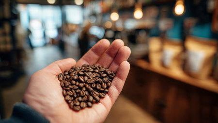 Coffee beans in the hand of a man in a cafeの写真素材