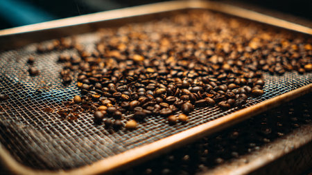Coffee beans on a conveyor belt in a coffee shopの写真素材