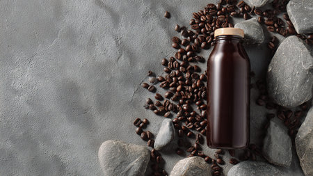 Bottle of coffee and grains on grey background, space for textの写真素材