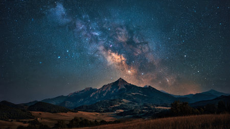 Milky Way over the mountains in the summer. Starry sky and milky way.の写真素材