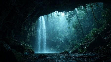 Tropical waterfall in the cave, Thailand. Long exposure.の写真素材