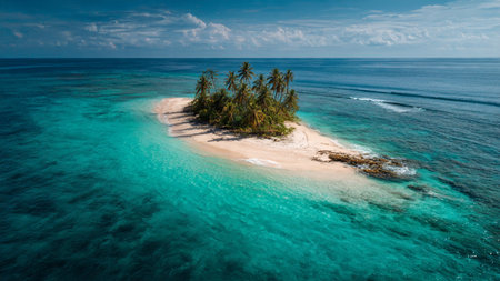 Aerial view of tropical island with palm trees and turquoise seaの写真素材