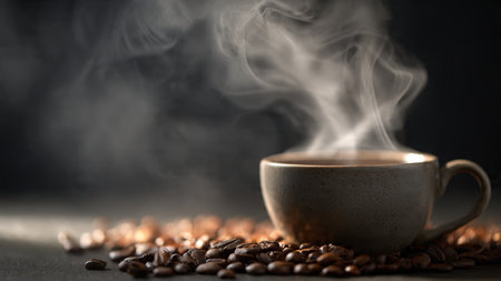 Coffee cup and coffee beans on a black background with smokeの写真素材