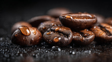 Coffee beans on a black background with water droplets.の写真素材