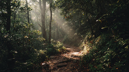 Pathway in the rain forest with sunbeams through the treesの写真素材