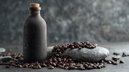 Spa still life with coffee beans, stones and oil bottle on dark backgroundの写真素材