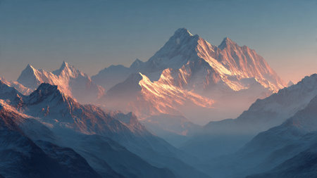 Snowy mountains in the morning light. Panorama. 3d renderingの写真素材