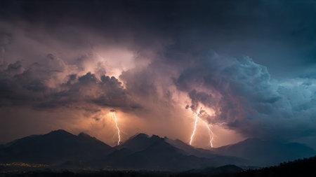 Lightning over the mountains at sunset, thunderstorm and lightning.の写真素材