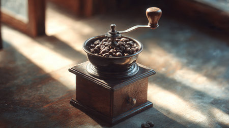 Coffee grinder with coffee beans on a wooden table.の写真素材